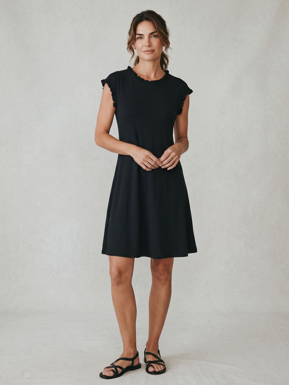 Nik and Nash Black Ruffle Trim Shift Dress Small Minimalist Chic USA Made
